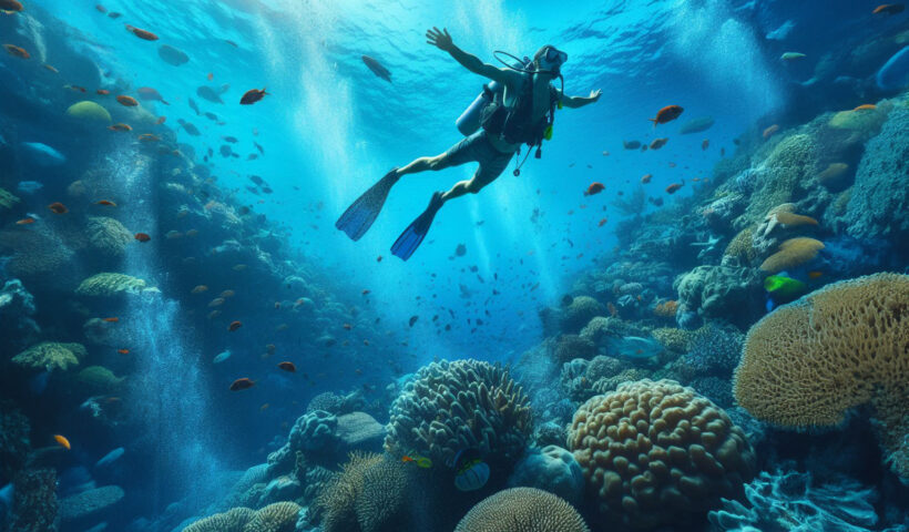 Diver Flying over Coral Reefs