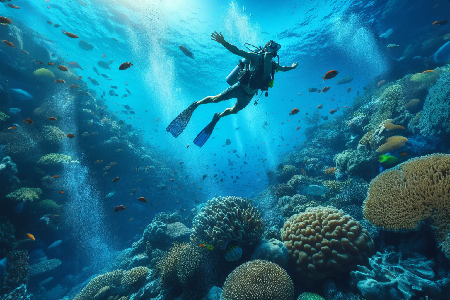 Diver Flying over Coral Reefs