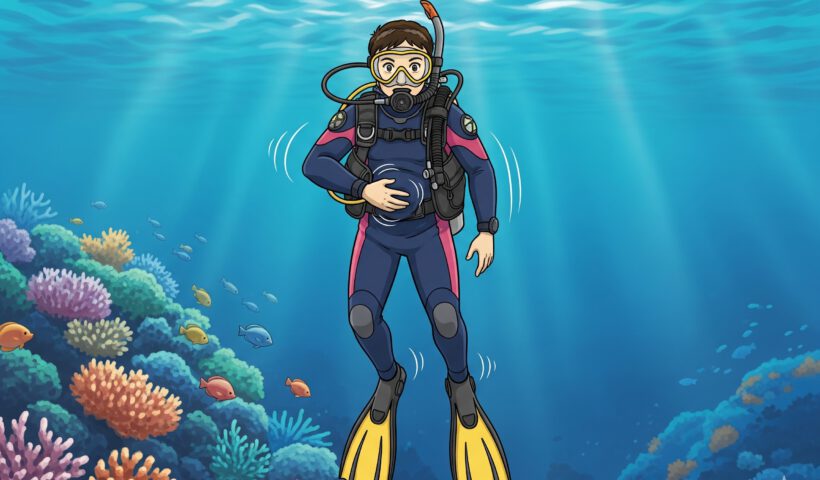 Image displaying a diver making hand signal saying I am hungry