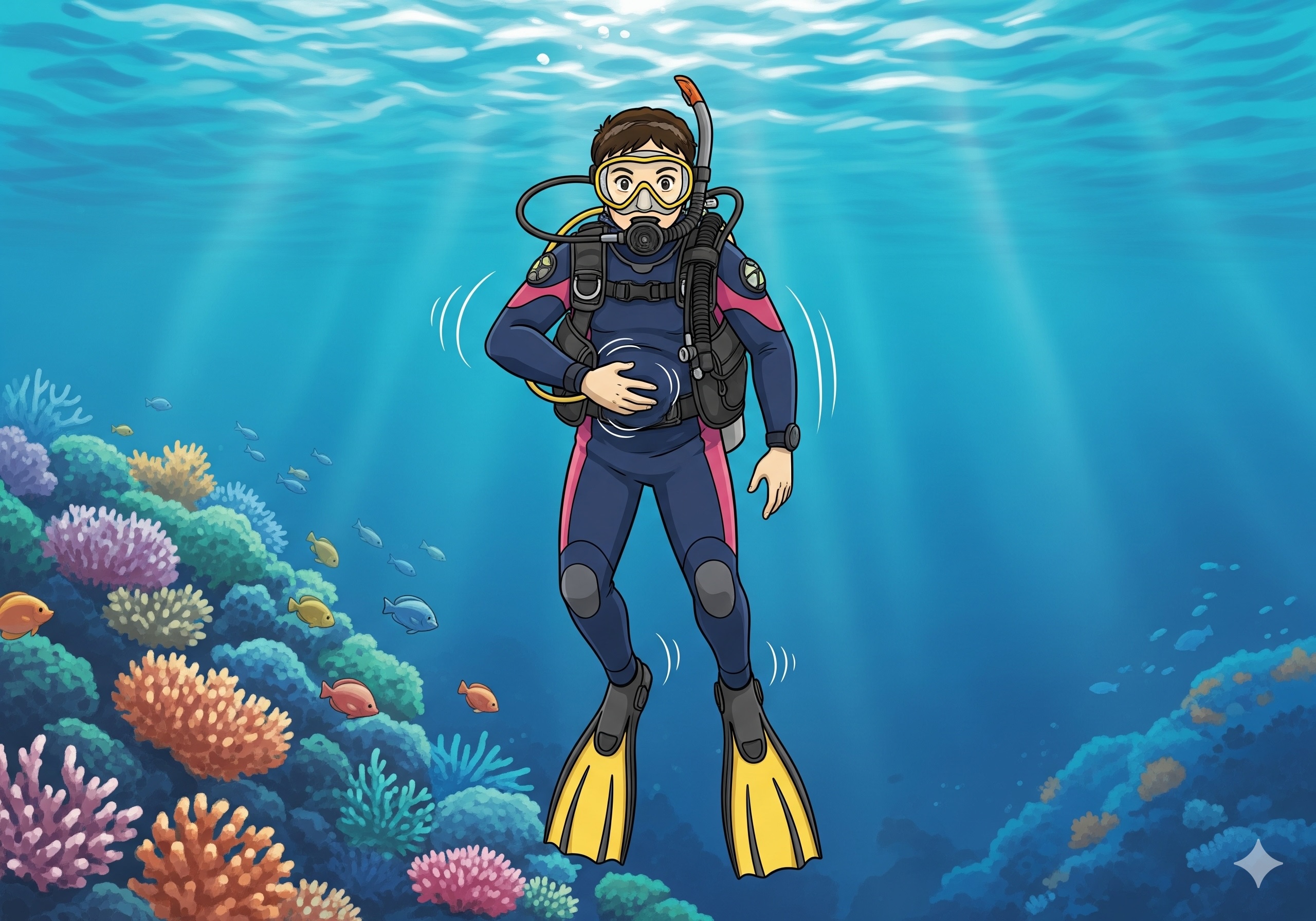Image displaying a diver making hand signal saying I am hungry