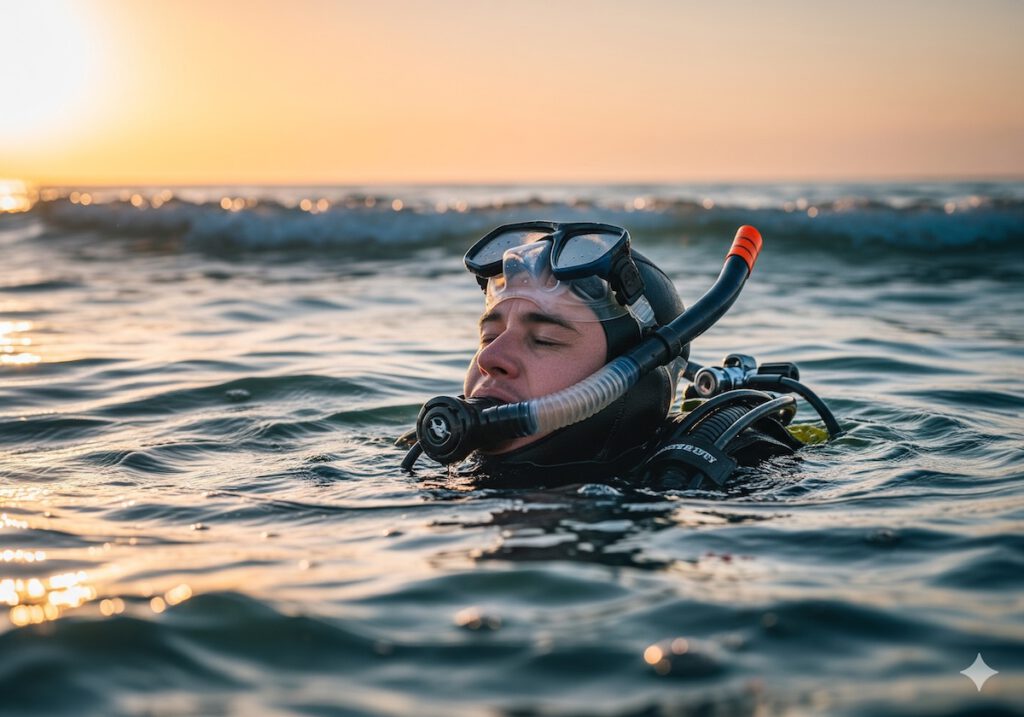 Image of a diver on surface with mask at forehead and snorkel in mouth