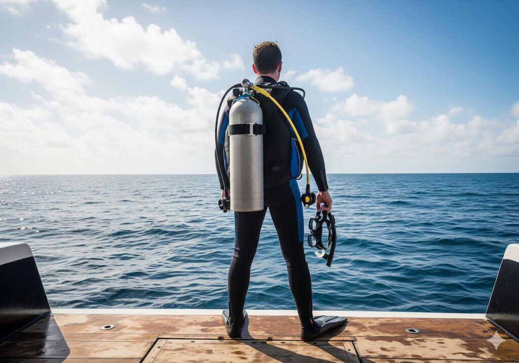 Image of a diver standing on boat platform holding mask and snorkel
